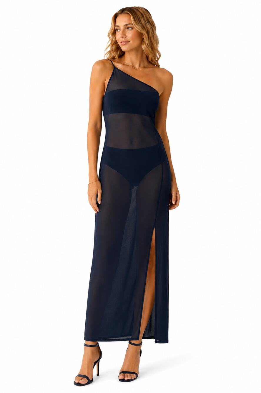 A.L.C. Navy Maxi Asymmetrical Silk Sheer Slip Dress Size 4 High Slit *Read